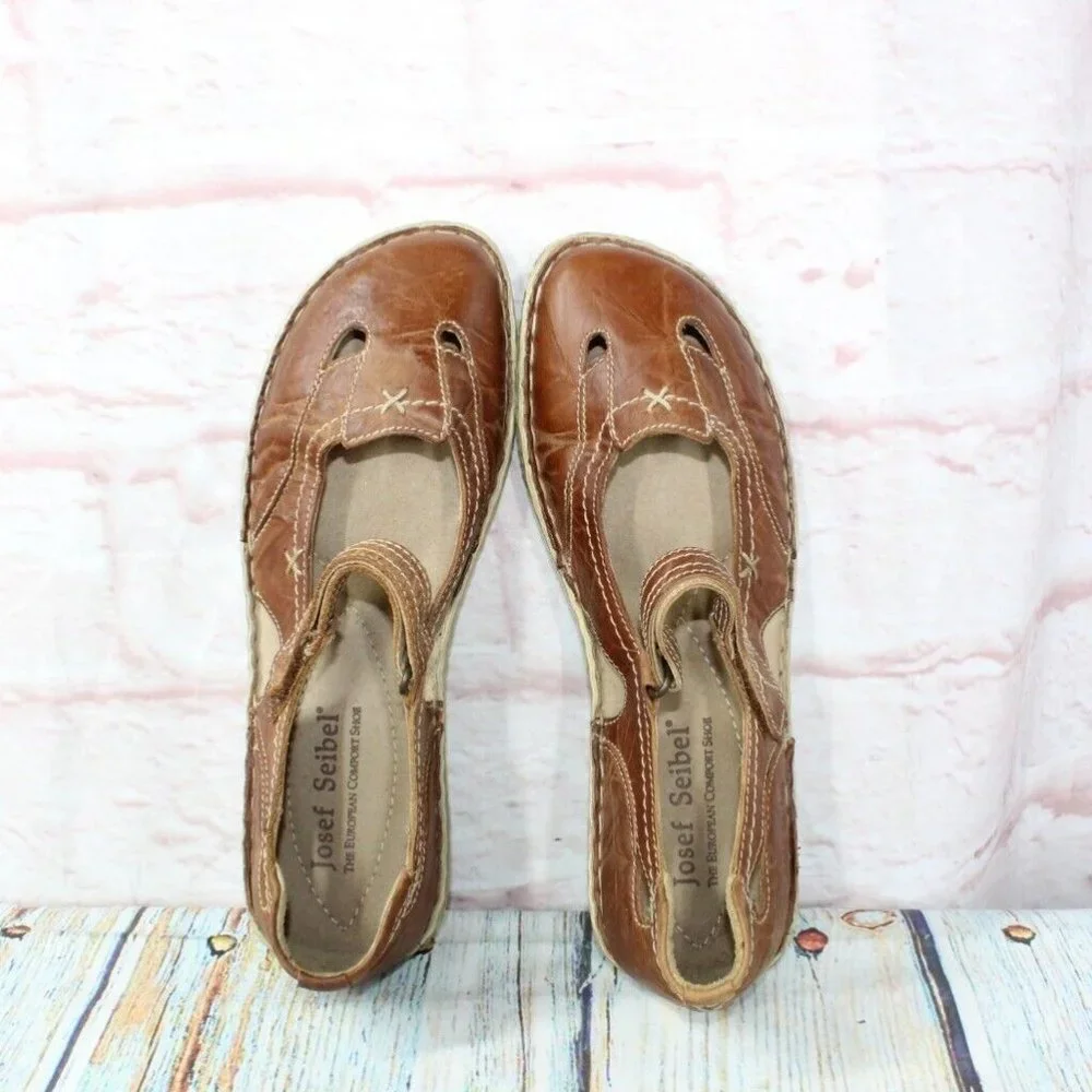 Josef Seibel Brown Cutout Leather Mary Jane Flat Shoes Size US 11 - Picture 6 of 9